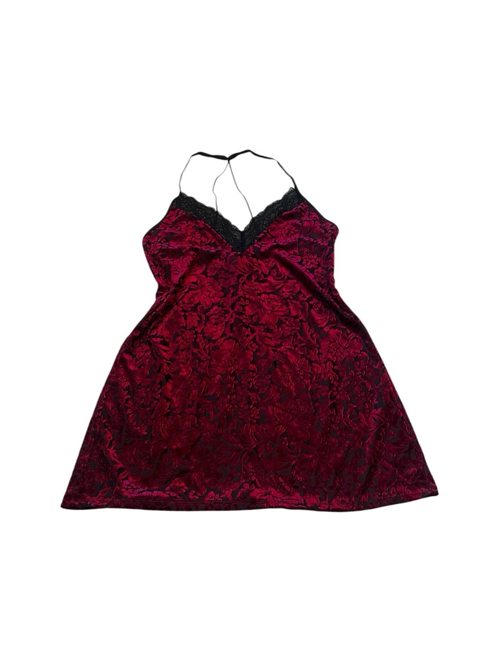 Linea Donatella Burgundy Velvet Burnout Mini Slip Dress Black Lace Y2K Coquette